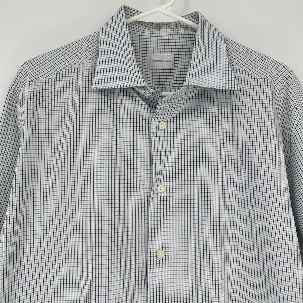 Ermenegildo Zegna Dress Shirt Mens 17.5 XL Blue Brown Check Cotton Long Sleeve - Picture 2 of 11